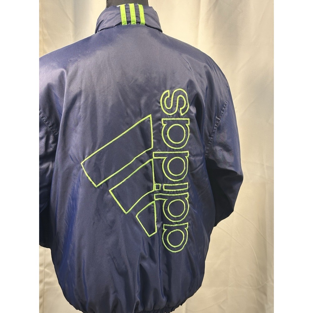 90's Adidas Puffer Striped Jacket Large Embroidered Logo Green White Blue Large - Picture 5 of 7